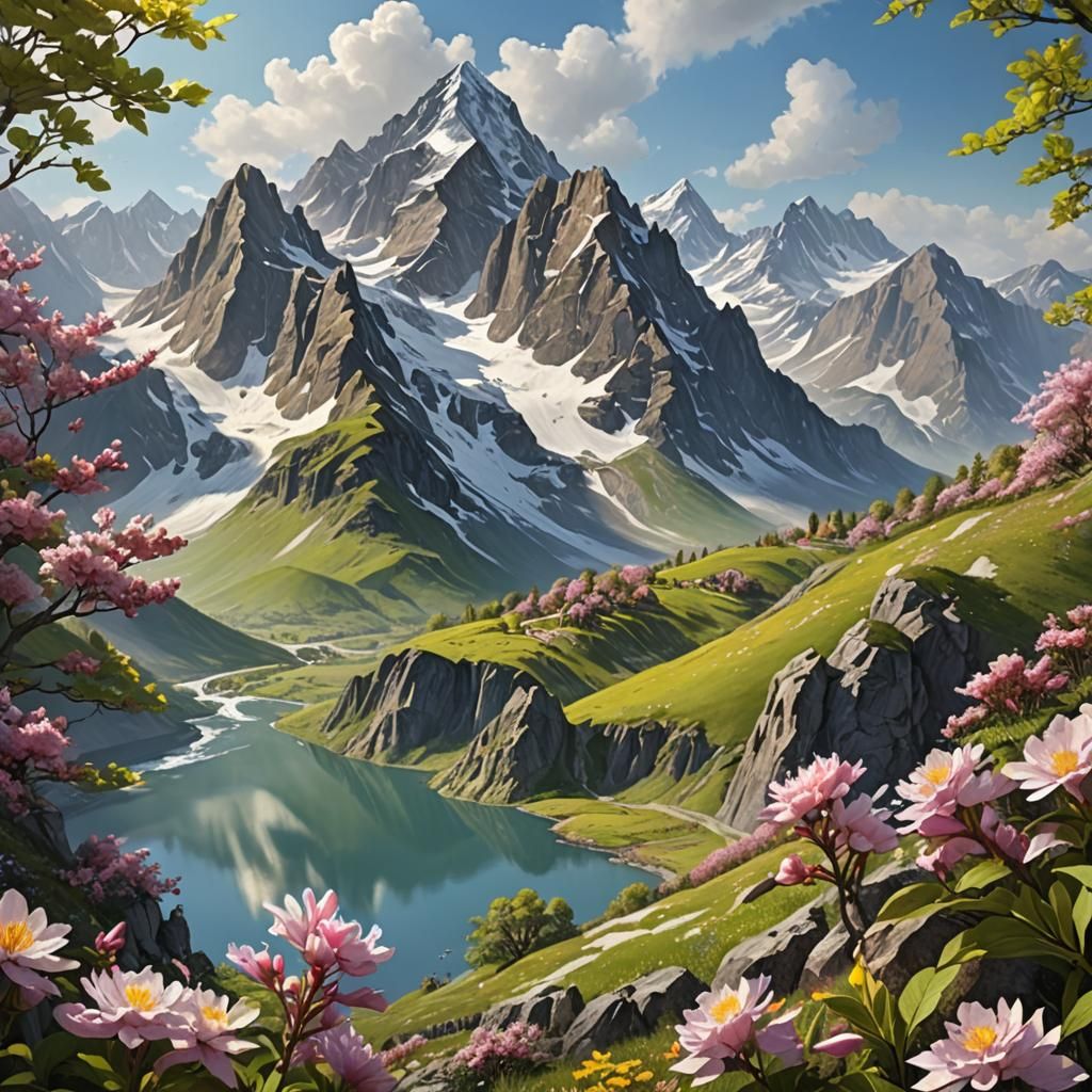 Blooming Spring Mountain: Detailed Matte Painting