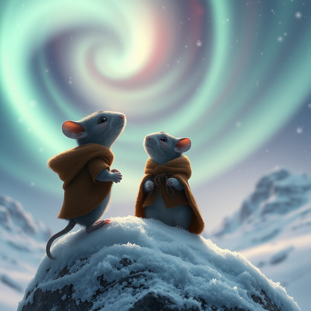 Mouse Gazing at Northern Lights in Winter Wonderland