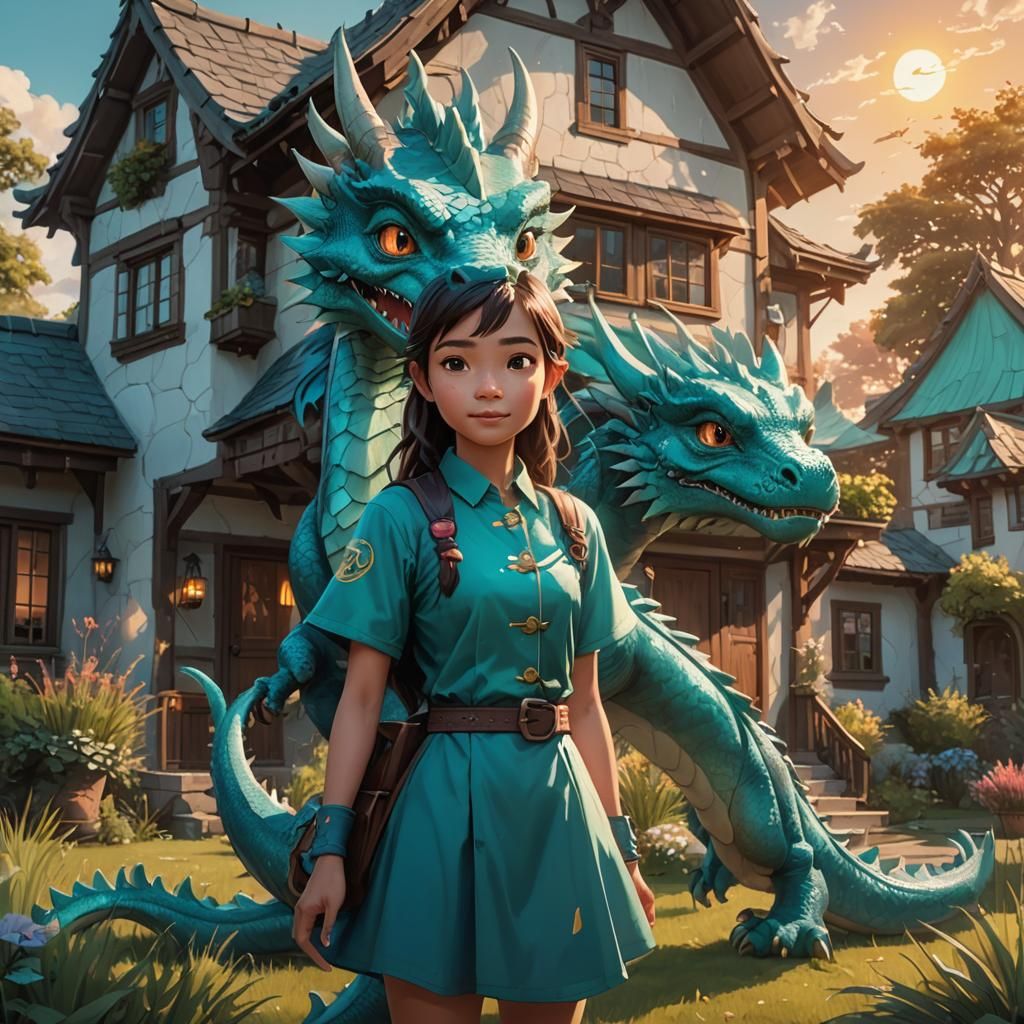 Girl with Dragons at Sunset: Hyperrealistic Digital Art