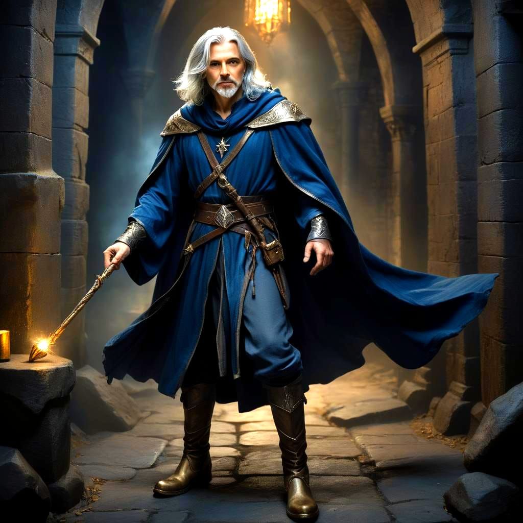 Wizard with Silver Hair in a Dungeon, Hyperrealistic