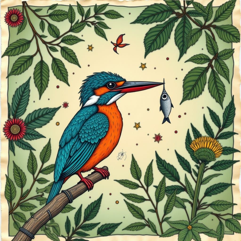 Kingfisher Bird with Fish in Beak, Vibrant Feathers