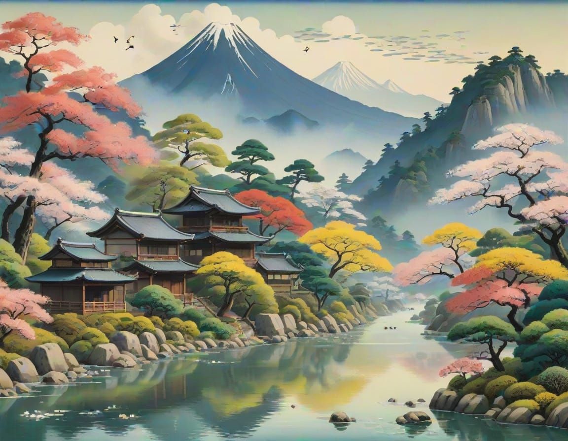 Surreal Japanese Ukiyo-e Landscape in Gouache Style