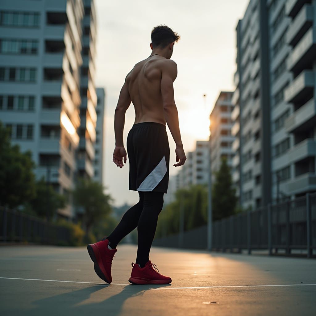 Athletic Man on Basketball Court in Cinematic Style