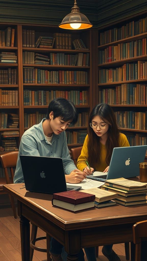 Students Studying in Cozy Library, Illustrated Style