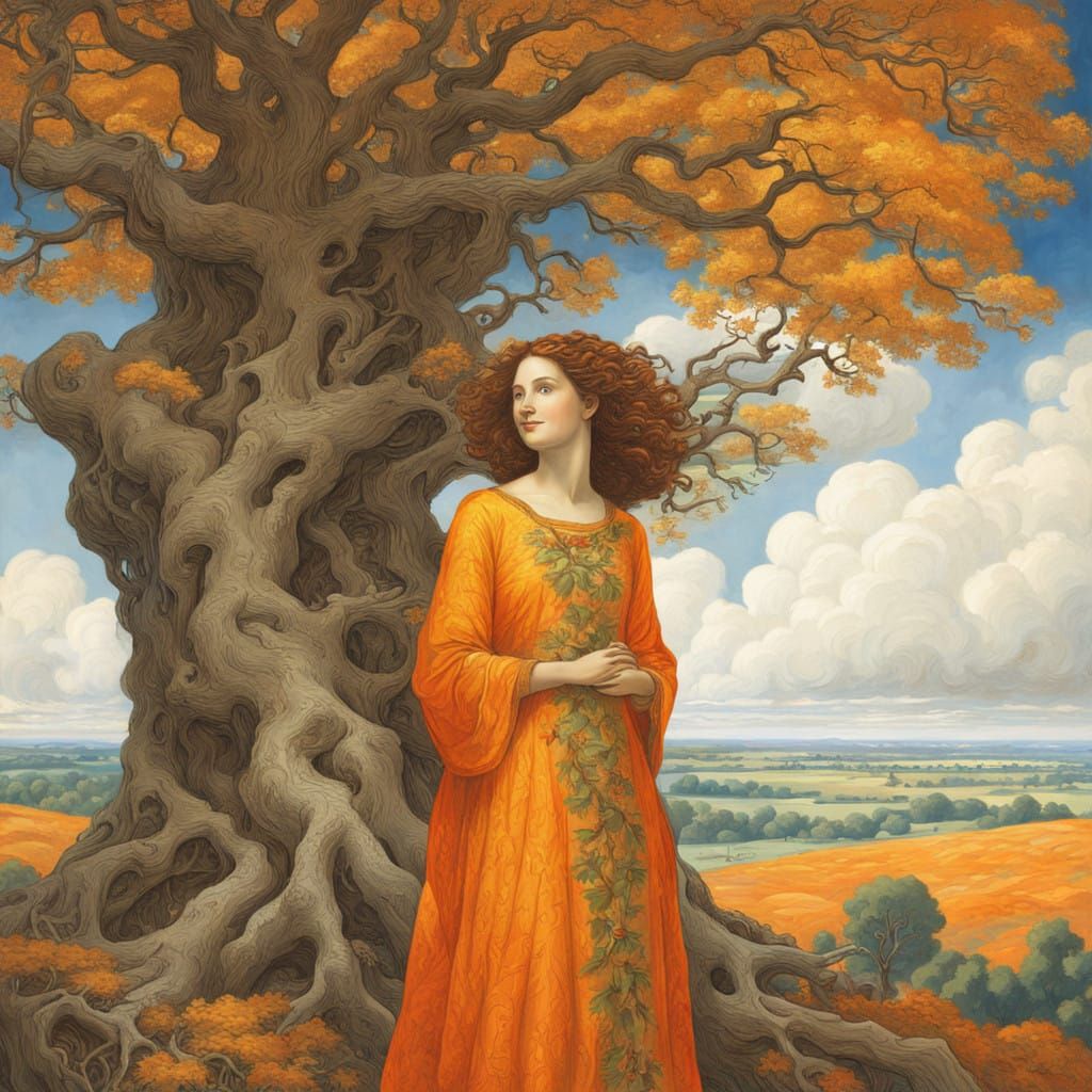Romanticized Portrait of a Woman Embracing a Majestic Oak Tr...