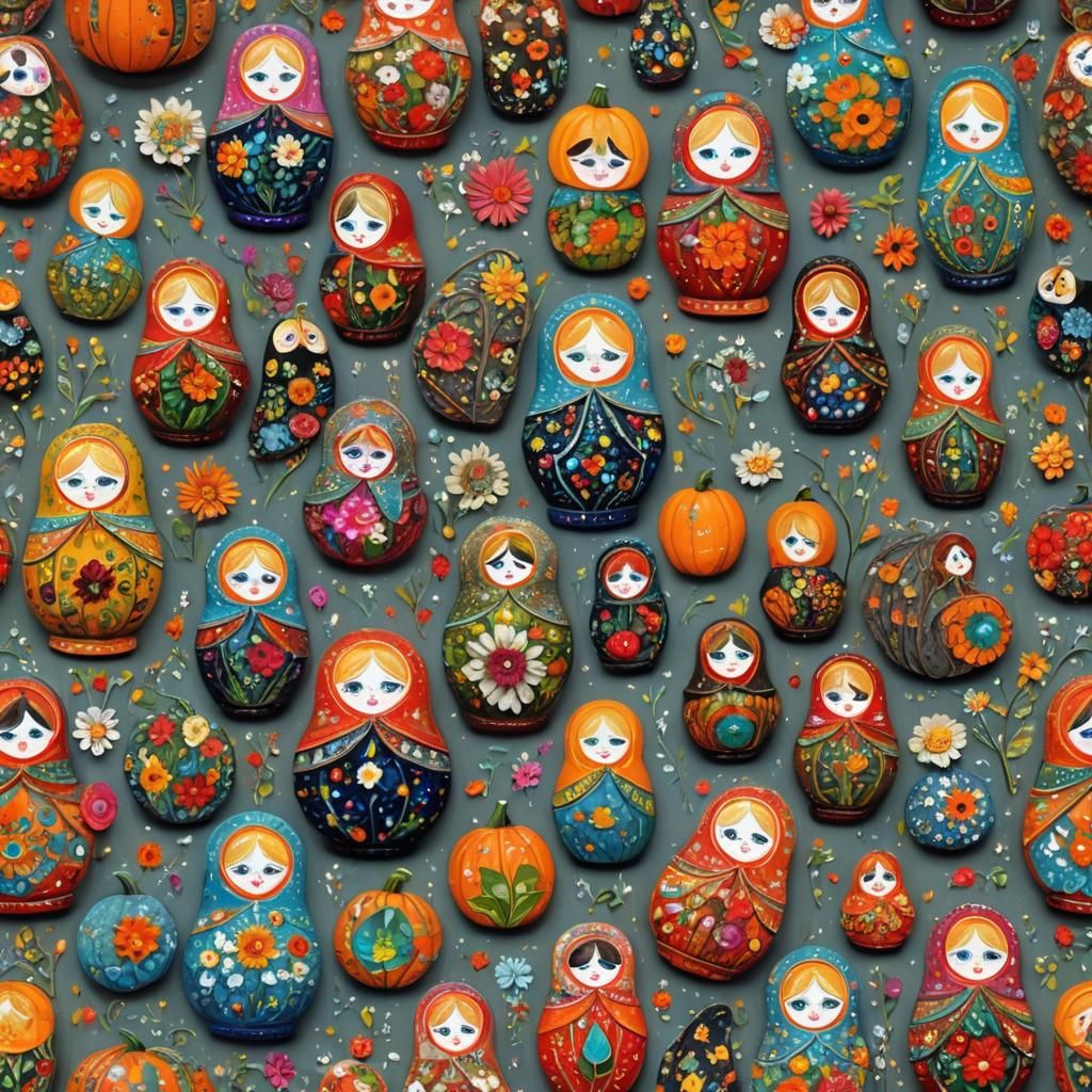 Cosmic Russian Dolls with Neon Floral Elements