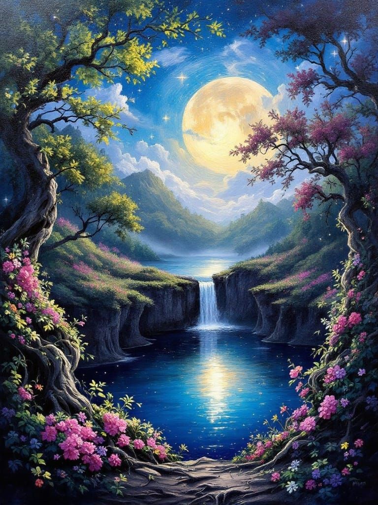 Moonlit Lake in Vibrant Impasto Brushstrokes