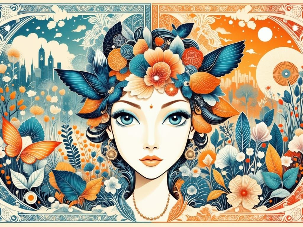 A Young Girl Soars with Birds in a Whimsical Border Pattern