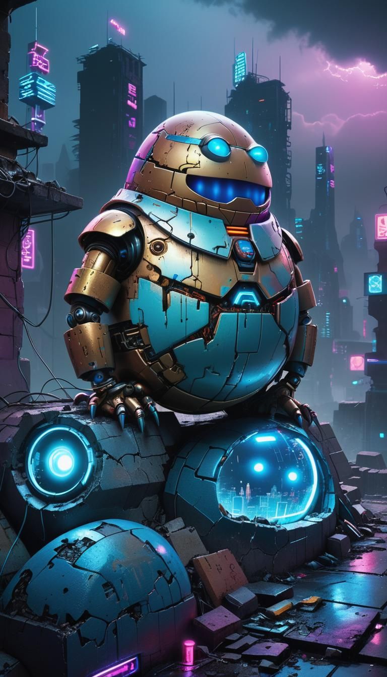 Cyberpunk Humpty Dumpty on Neon City Wall