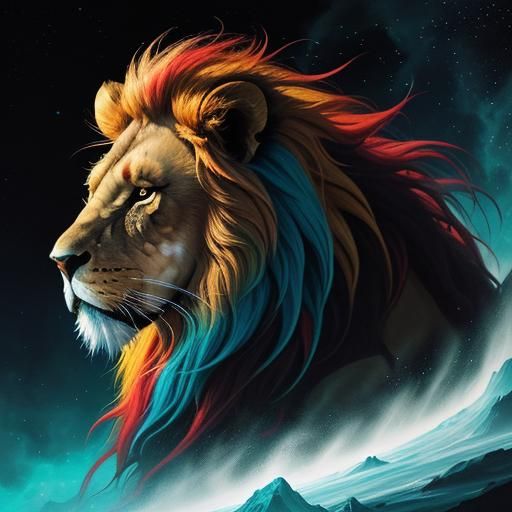 Lion Emerges from Dimensional Rift in Surreal Style