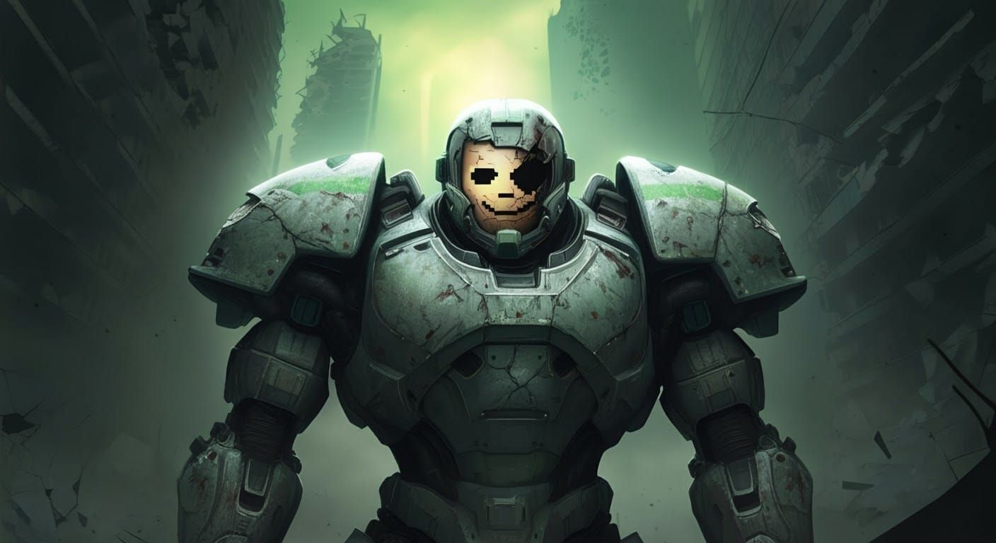 Battle-Scarred Warrior in Ruined Cityscape