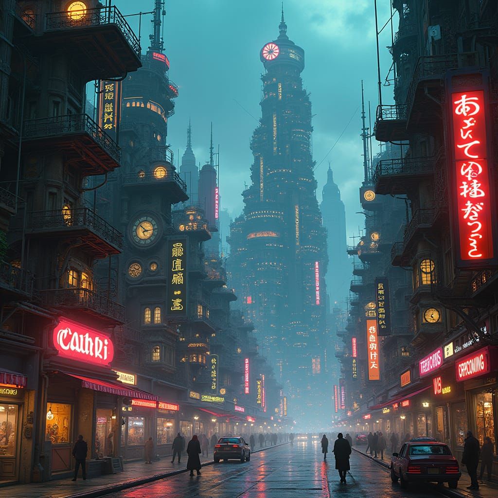 Futuristic Victorian Cityscape with Clockwork and Neon
