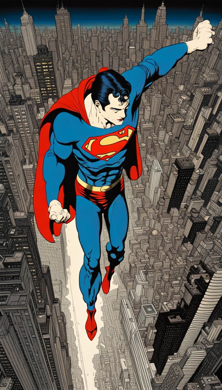 Superman Flies Over Metropolis in 1950s Style