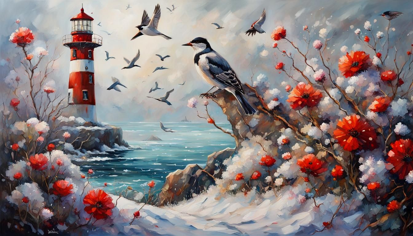 Winter Lighthouse with Birds and Flowers in Hyperrealism
