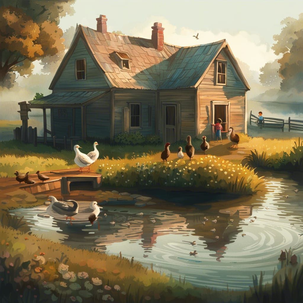 Idyllic Farmhouse Scene with Pond, Fantasy Concept Art