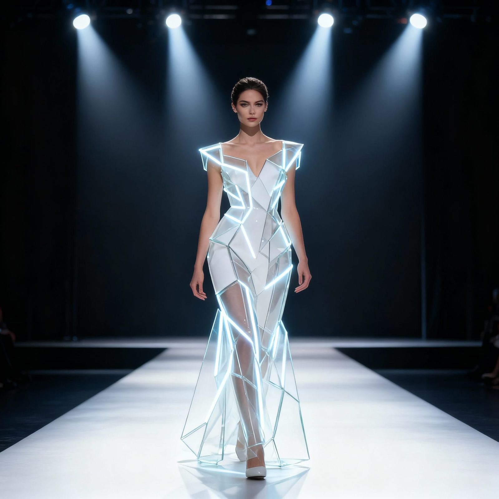 Futuristic Model in Glowing Glass Dress on Cyberpunk Runway