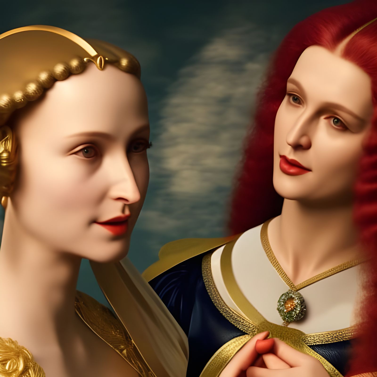 Renaissance Women Share Coffee, Hyperreal Close-Up