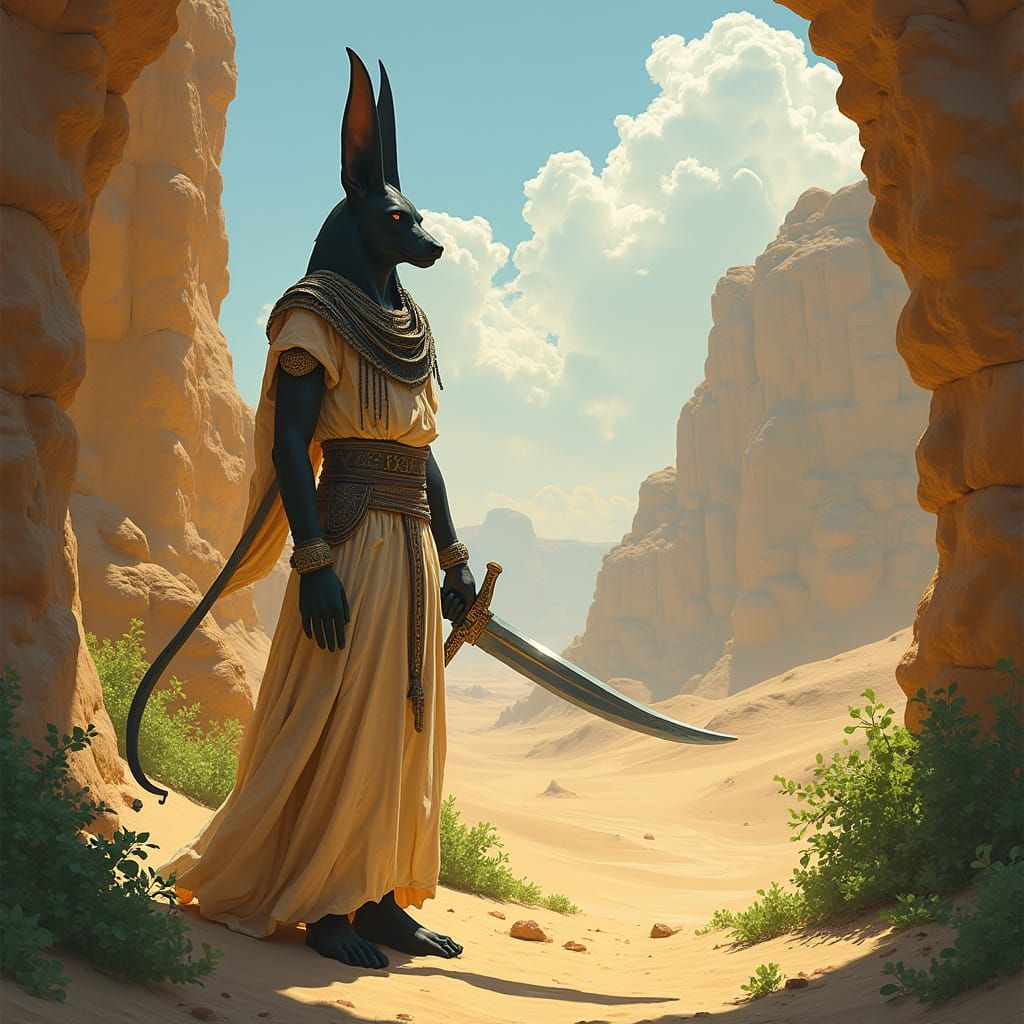 Anubis Guards Oasis in Retro Sci-Fi Style