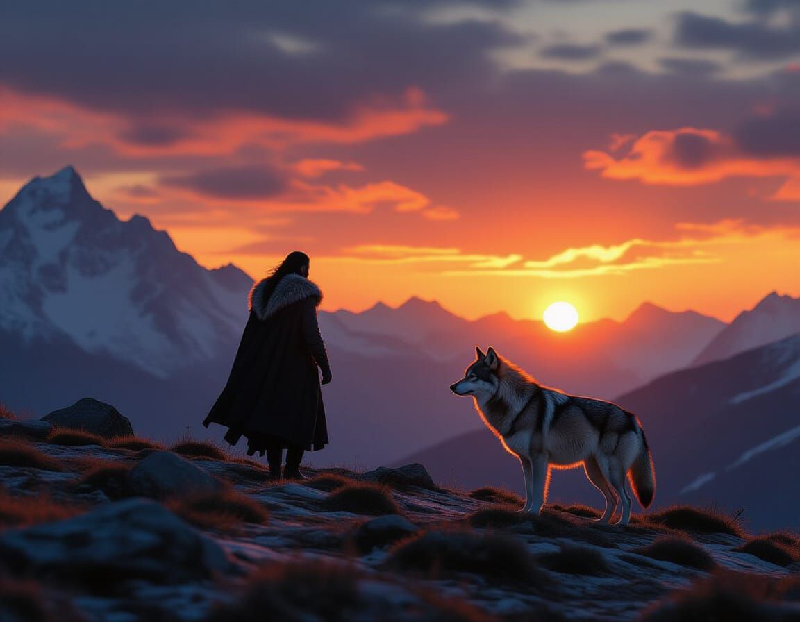 Master and Wolf Silhouetted Against Fiery Sunset