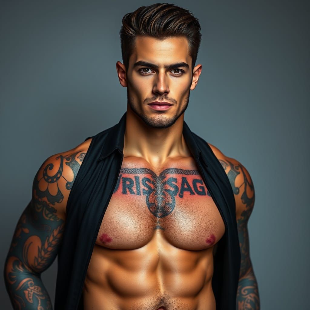 Handsome, Confident Male Model with Chest Hair and Tattoos i...