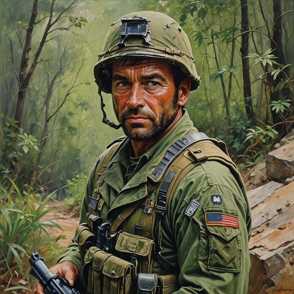 Green Beret Portrait in Vietnam, Oil Painting