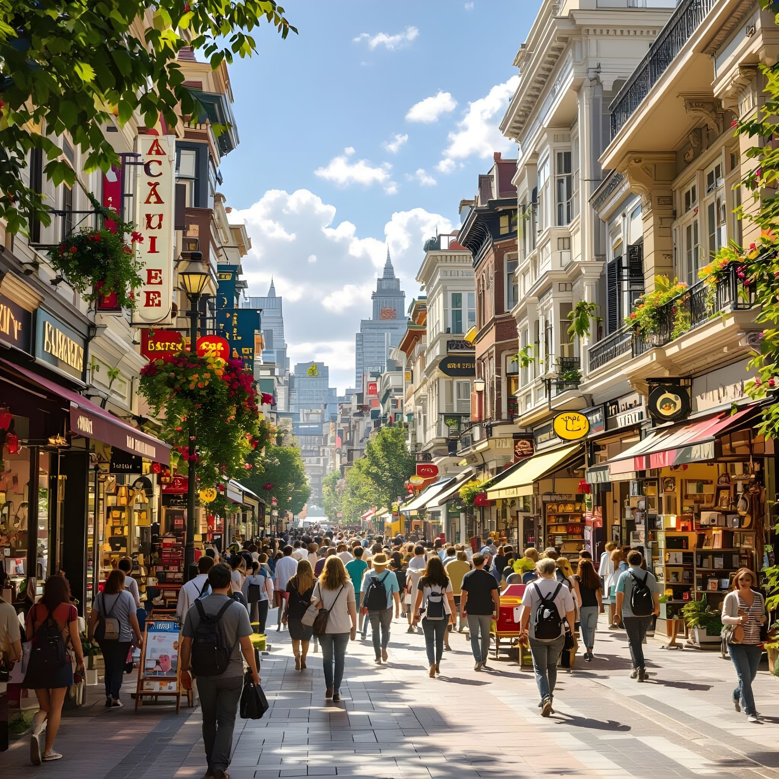 Vibrant City Street Scene Full of Shops and People