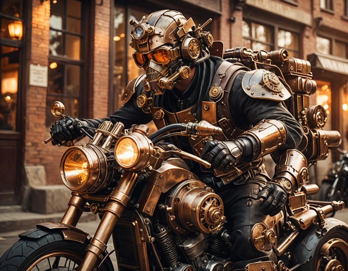 Steampunk Transformer Soldier on Motorcycle, Detailed Metalw...