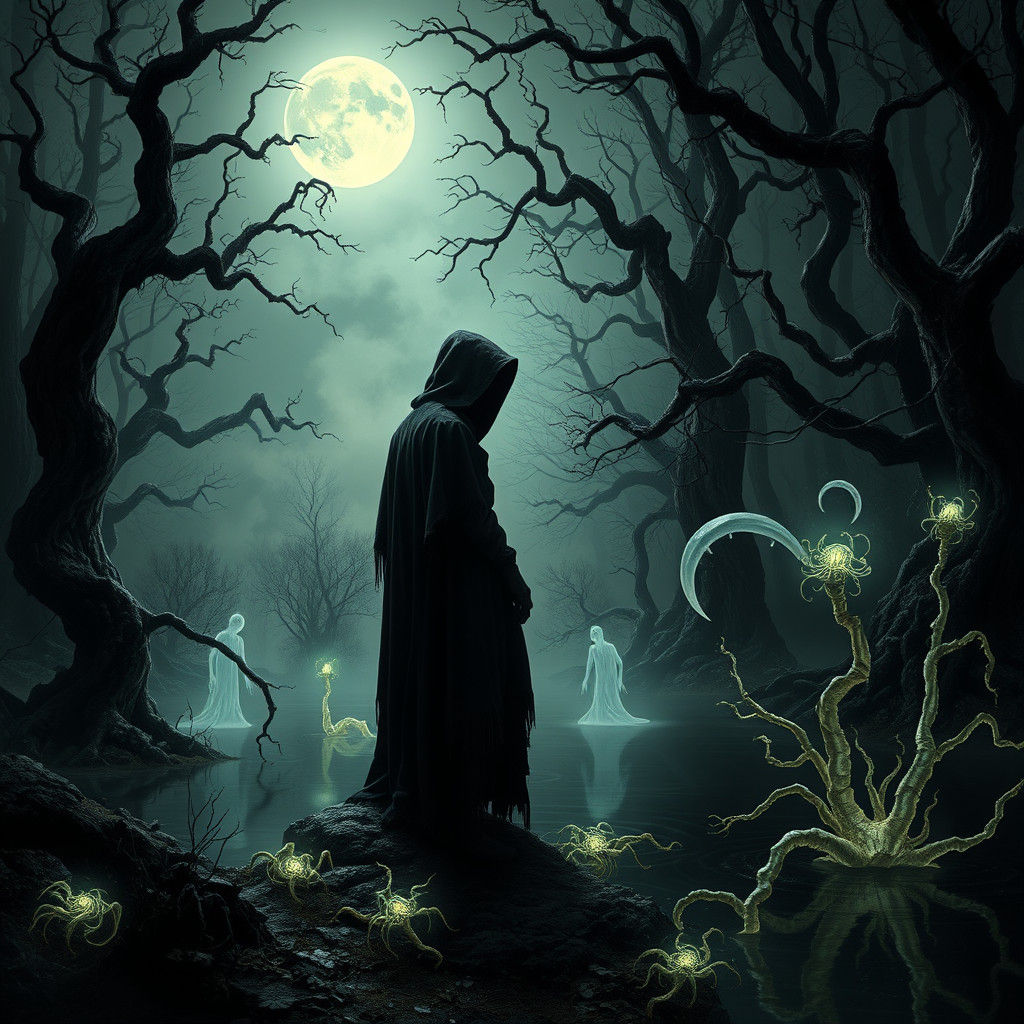Eerie Forest Figure Under Sickle Moon, Gothic Art