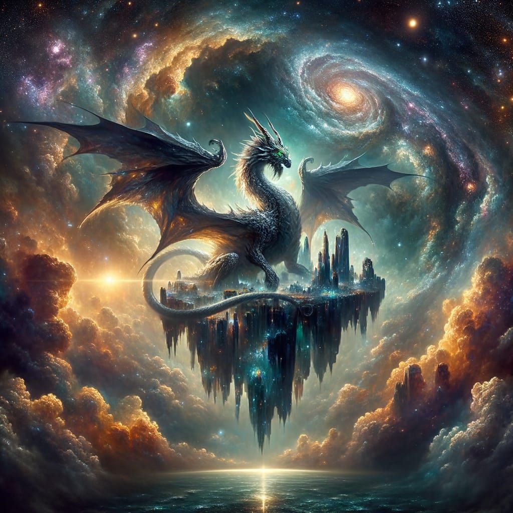 Ancient Obsidian Dragon on Crystalline Island Above Nebula