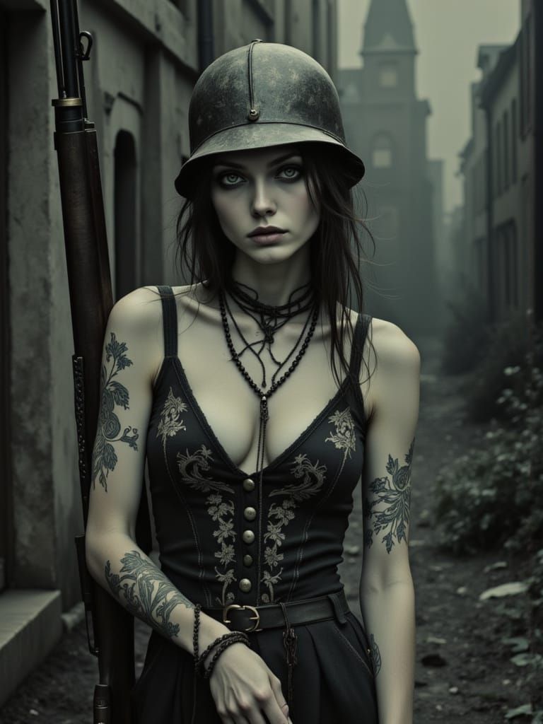 Elegant Warrior in Dystopian Shadows