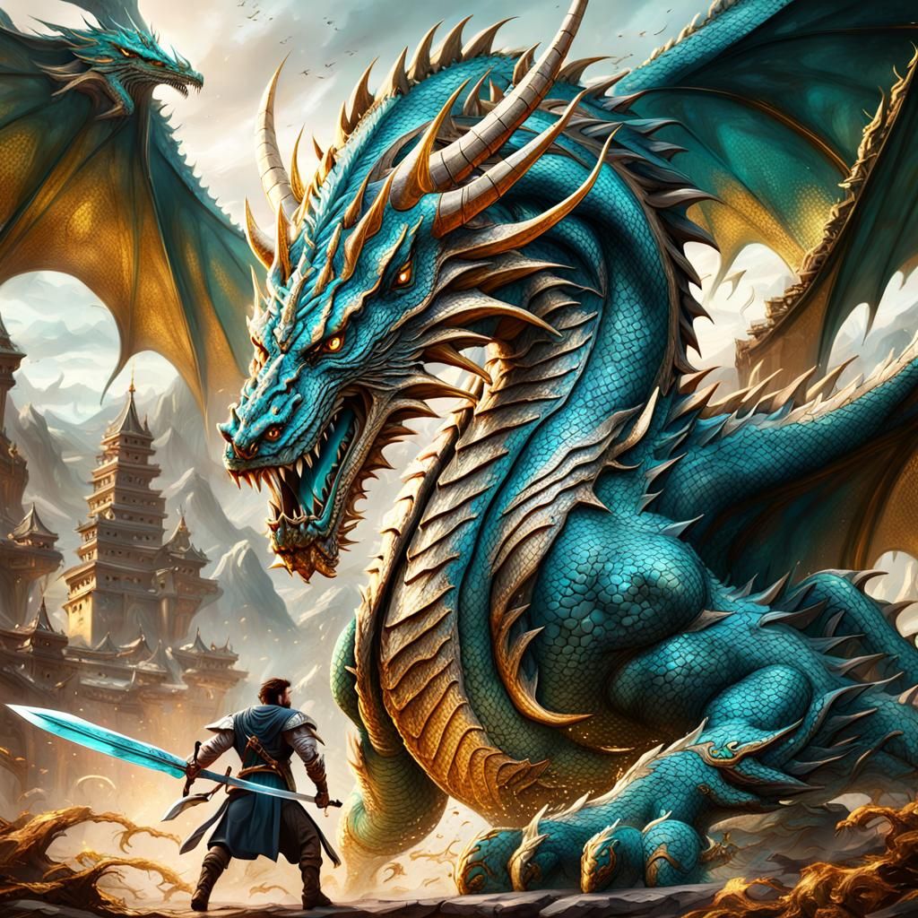 Man Battles Dragon in Detailed Matte Painting