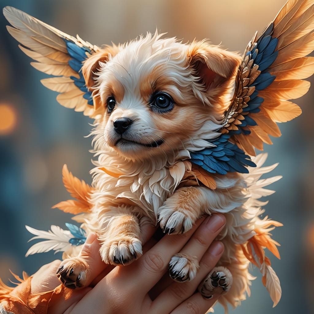 Winged Puppy on a Finger: Whimsical Concept Art