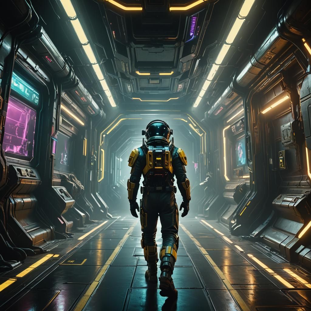 Astronaut Navigating Cyberpunk Spaceship Corridor in 2099