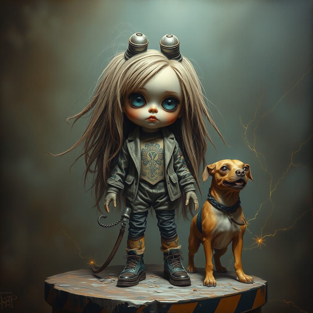 Annabelle doll, Swirl king of AI, dusty platform body, electricity, blinking eyes, rapid thoughts, metal eyes, tattoo sc...