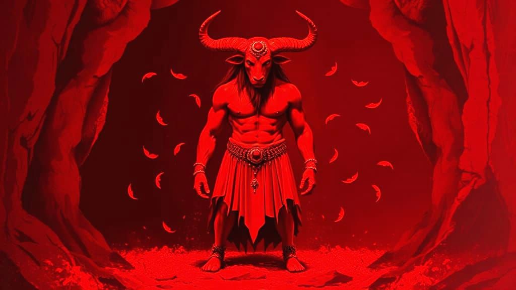 Minotaur at Labyrinth Entrance in Red Hues