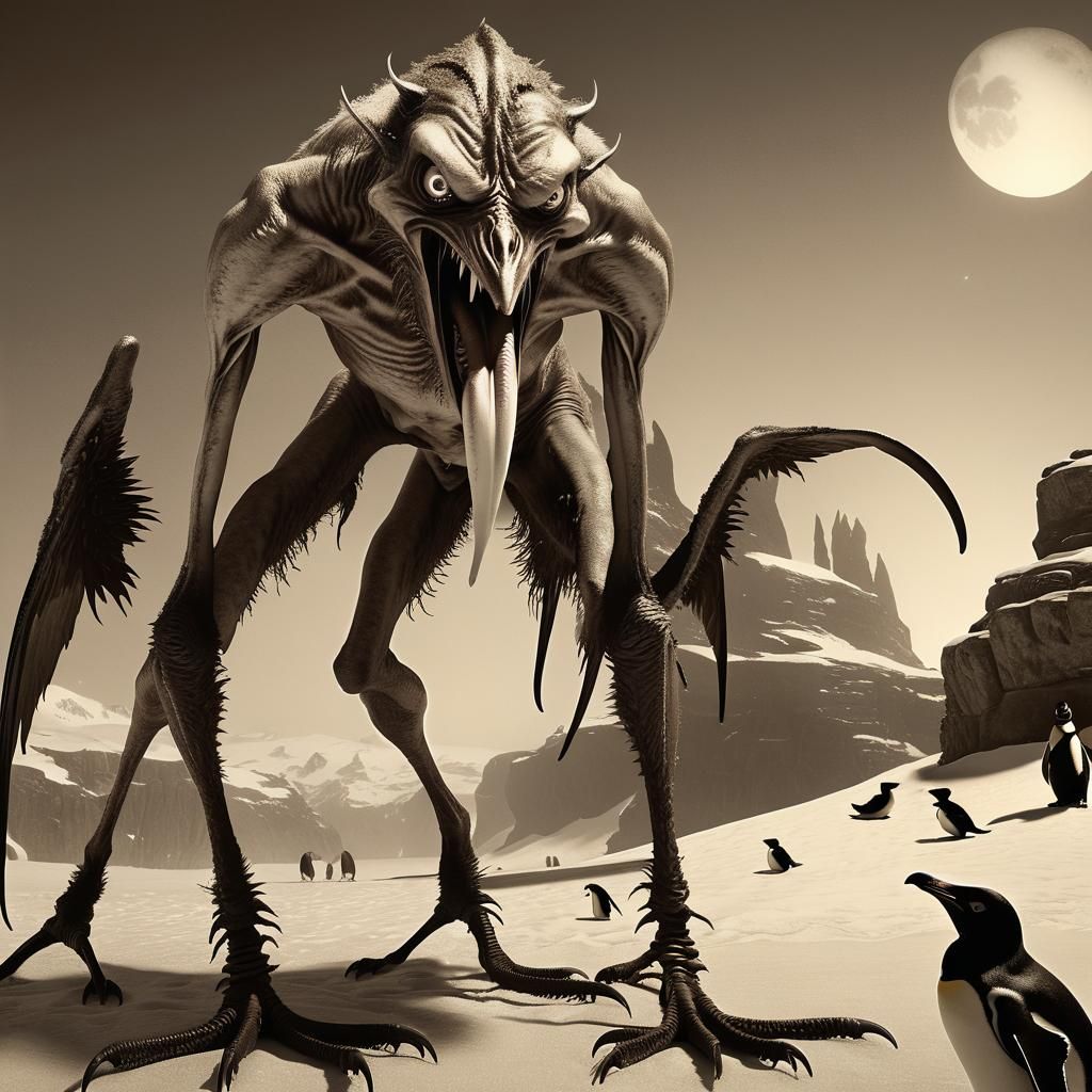 Grotesque Daemon and Penguin in Sepia, Dark Fantasy