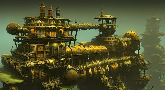 Underwater robotic leviathan inspired by the intricate steam punk mechanics of Ian McQue, shimmering with phosphorescent...