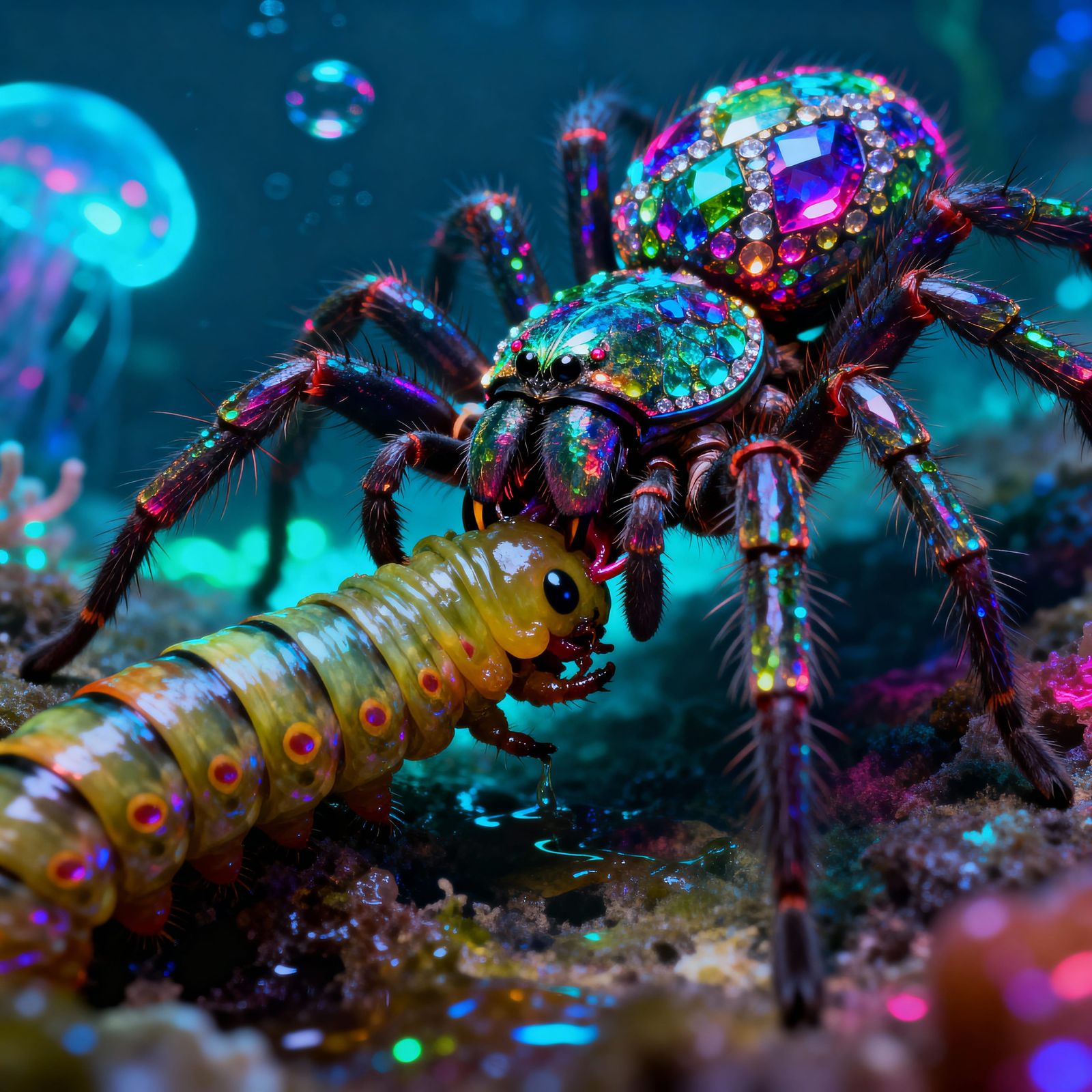 Jeweled Tarantula Devours Caterpillar in Neon Glow