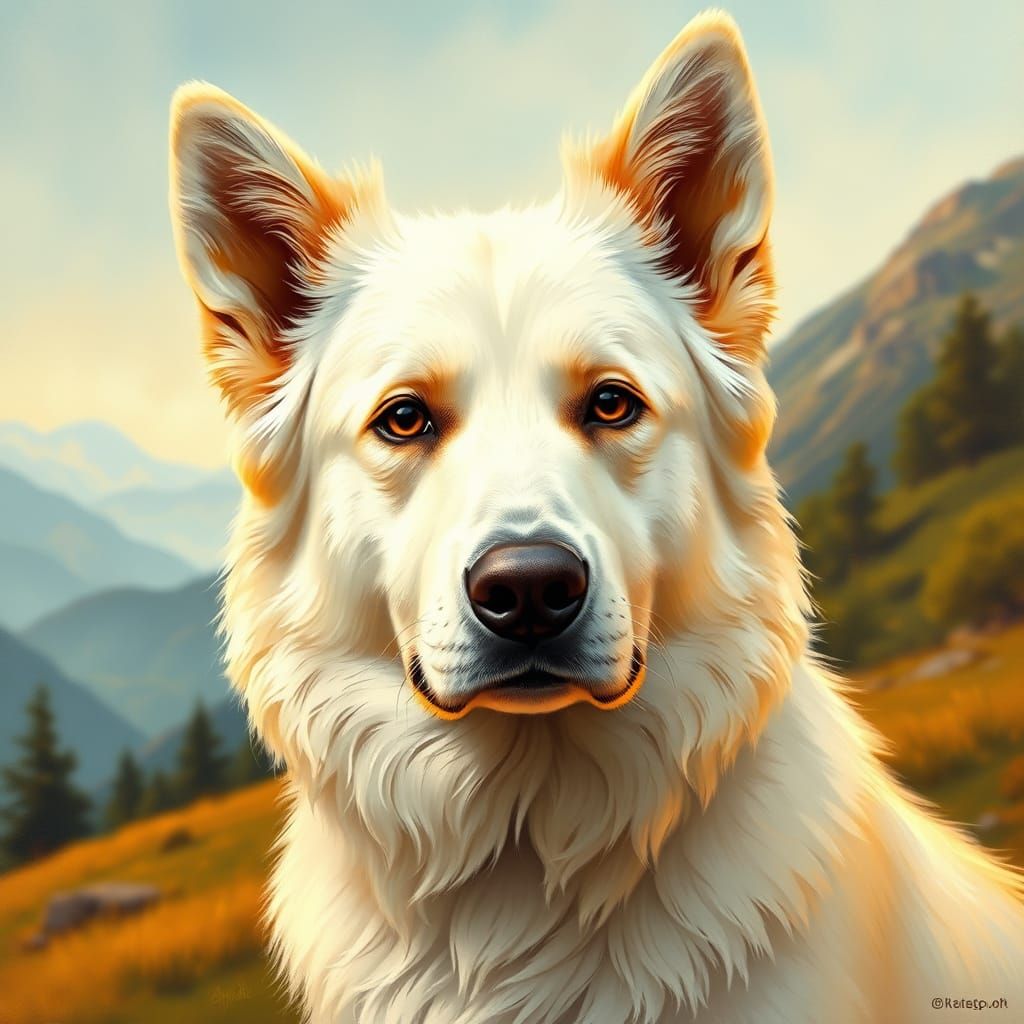 Loyal White Swiss Shepherd in Alpine Landscape