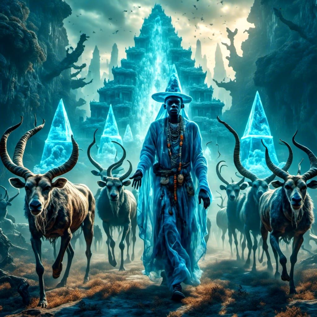 Surreal Witch Doctor with Hyenas in Magic Realism