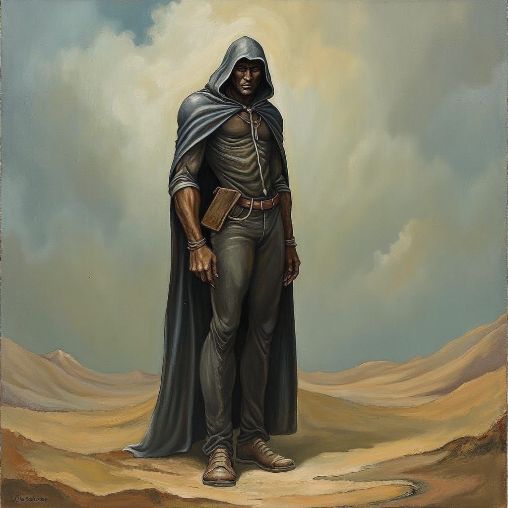 Stoic Figure in Desolate Landscape: Gritty Realism