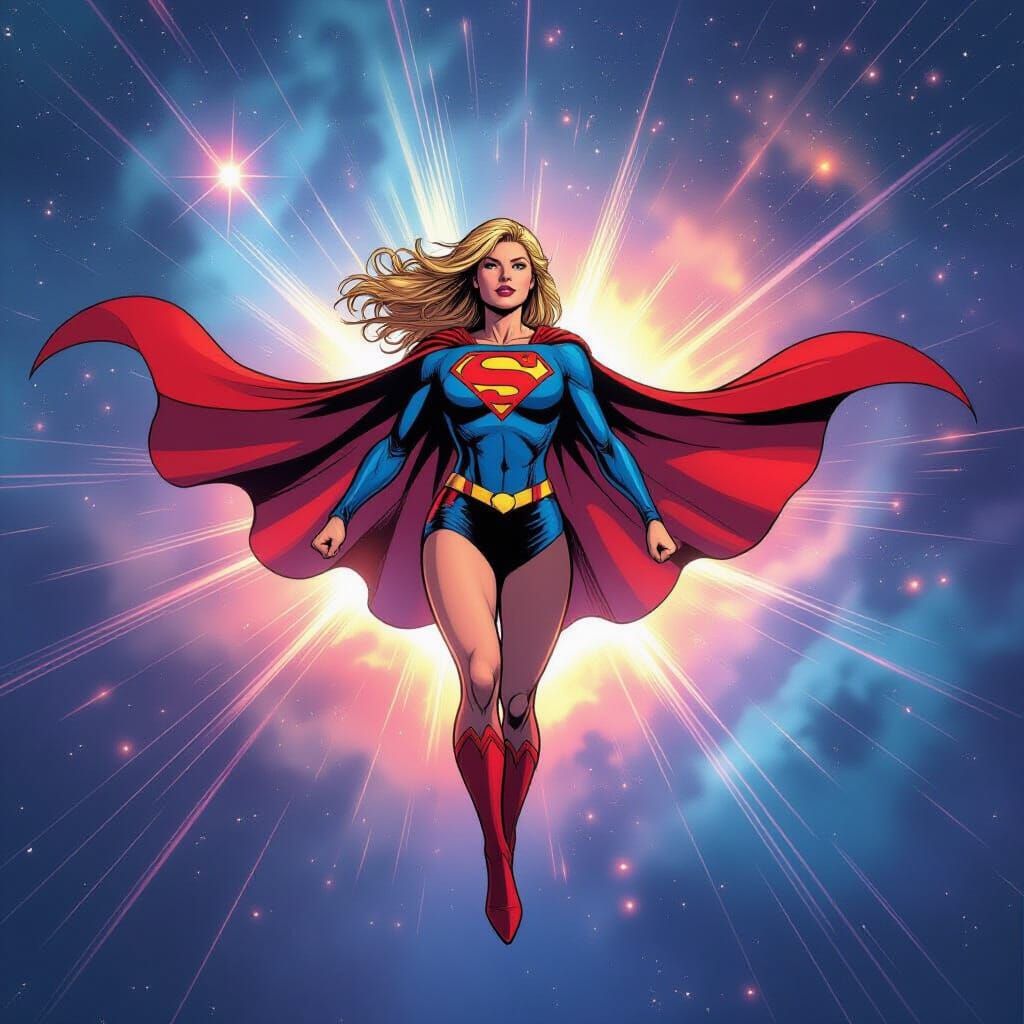 Supergirl Hovers Under Cosmic Sky in Comic Book Style