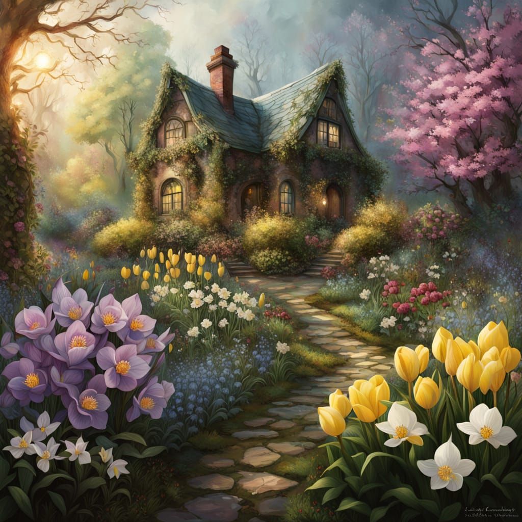 Surreal Cottage Garden Scene in Vibrant Watercolor