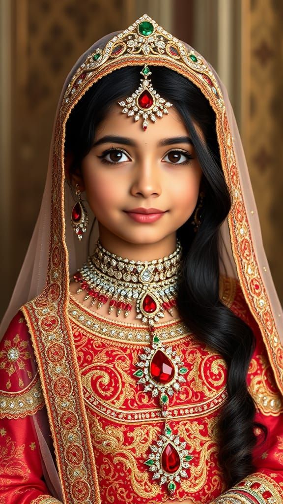 Regal Islamic Princess in Golden Gown with Gemstone Jewelry