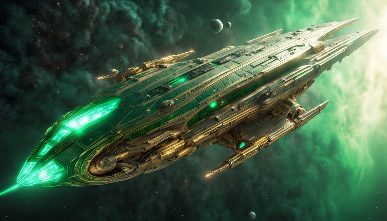 Hyperrealistic Starship in Emerald and Gold
