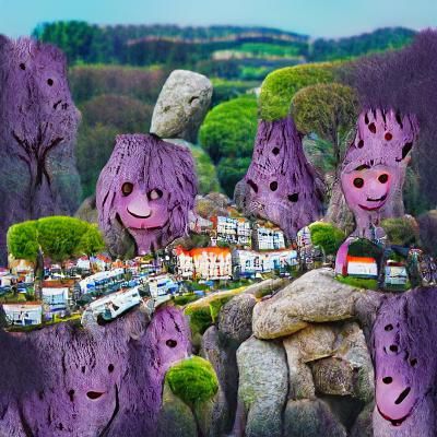 Tree People in Quirky Cities with Purple Rocks