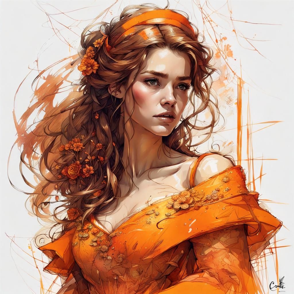 Princess Belle Portrait in Orange Dress, Detailed Digital Ar...