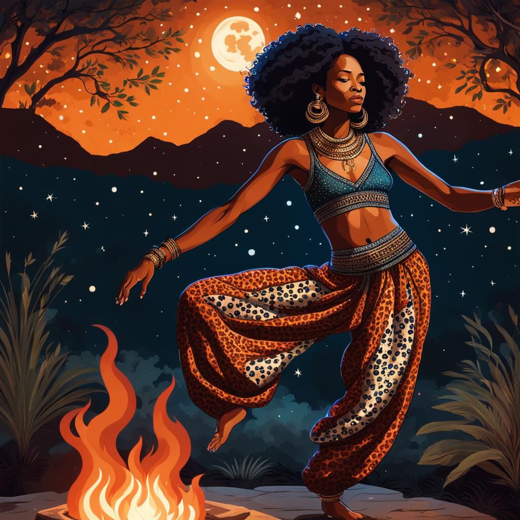 Black Woman Dancing Under Cosmic Sky with Leopard