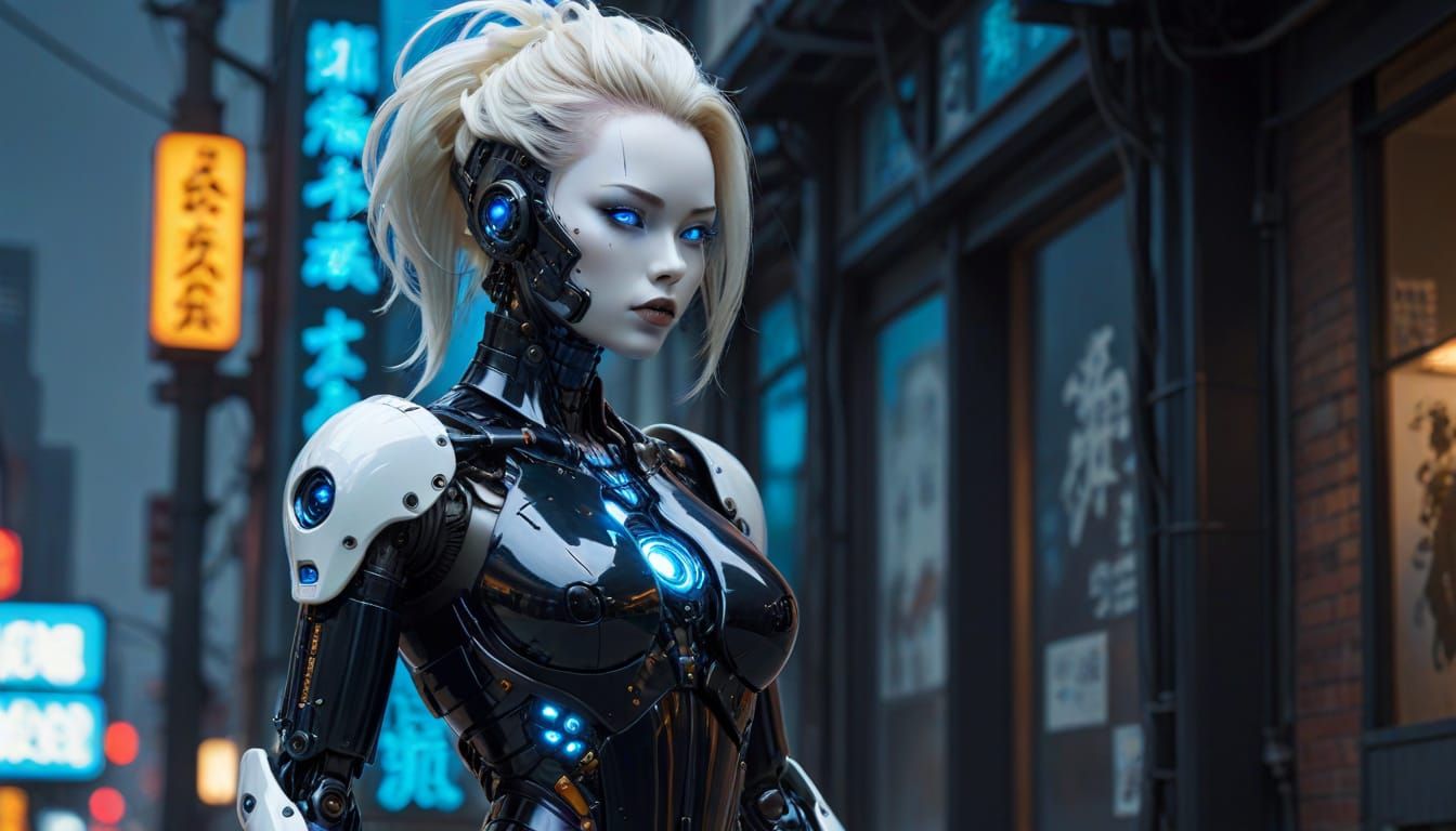 Frightening Japanese Gynoid in Cyberpunk City