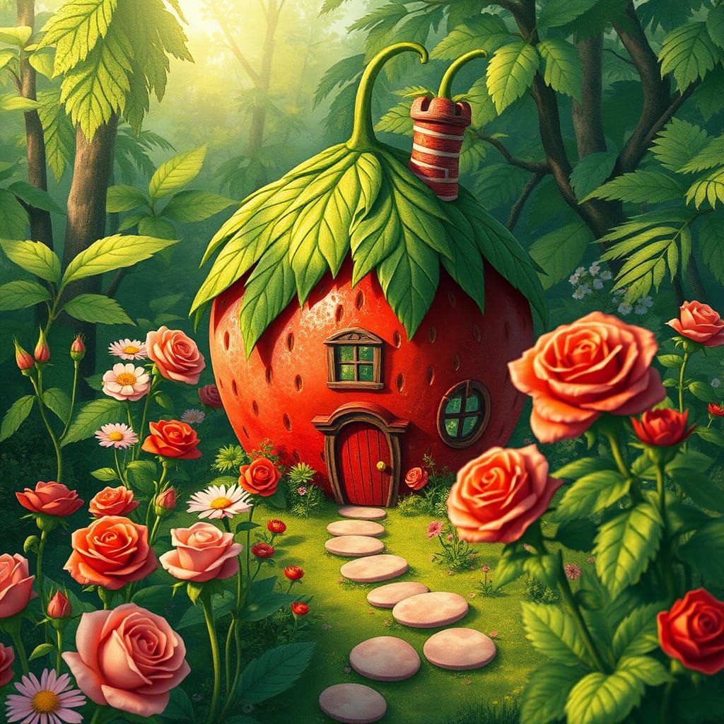 Surreal Strawberry Mansion in Vibrant Floral Paradise